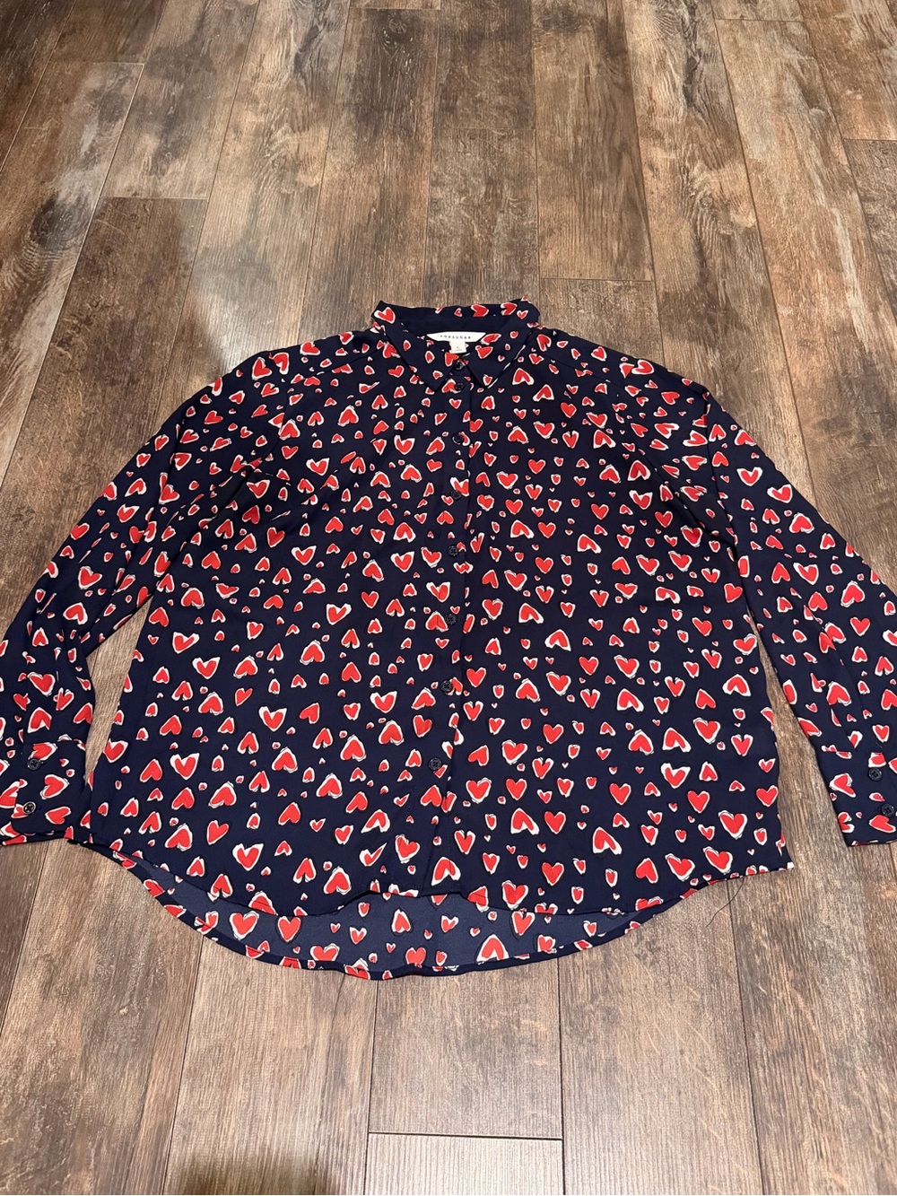 🌺POPSUGAR Navy Button-Down Shirt with Red Heart Print